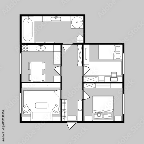 Top view of architectural schematic floor plan of apartment or dwelling with two bedrooms. Vector layout of living room, bathroom and kitchen, corridors and furniture placement in space
