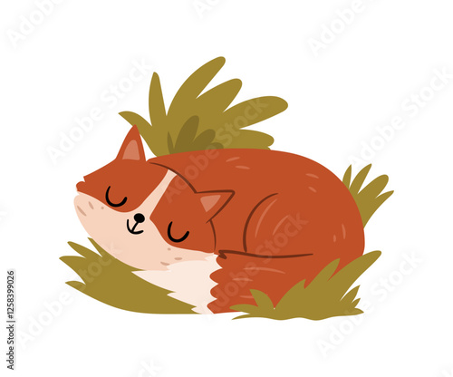 Sleeping fox forest animal on green grass, cute forest animal, red fox funny kids book personage. Vector small sly or cub, illustration of wild fluffy fox with foxy tail having rest