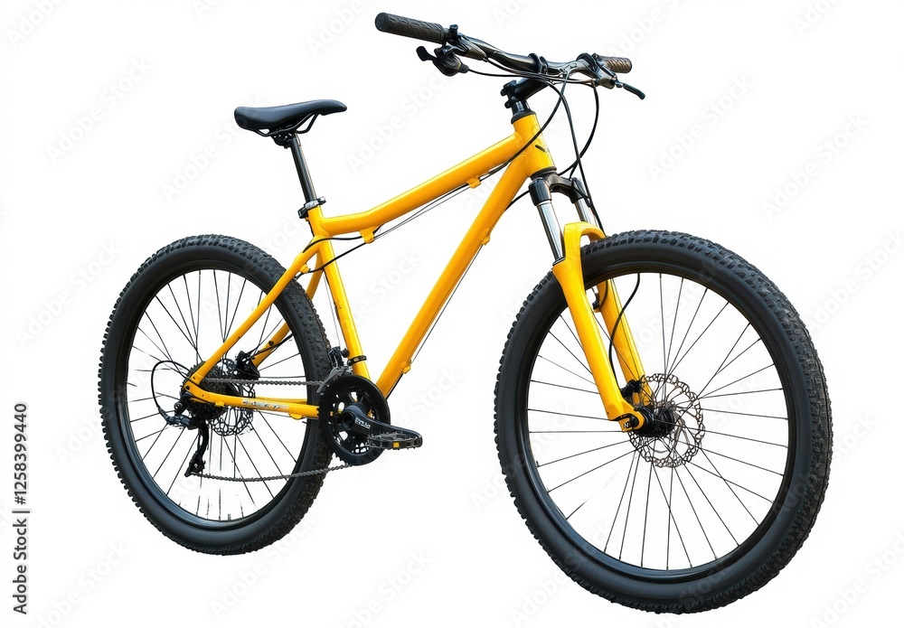A yellow mountain bike with a black seat and black handlebars A yellow mountain bike with a black seat and black handlebars
