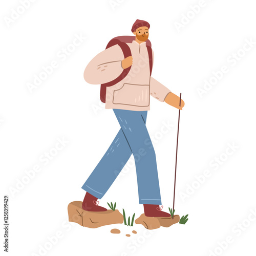 Man with stick in his hand and backpack for travel hiking. Vector male character with rucksack walking in natural environments. Hiker on trails. Outdoor activity for health and mental well being