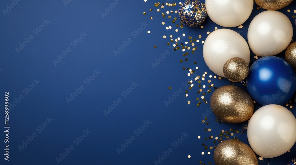 Elegant celebration background with gold, blue, and white balloons and confetti for festive occasions Elegant celebration background with gold, blue, and white balloons and confetti for festive occasions