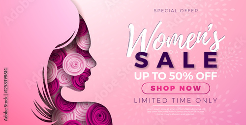 Women's Day Sale Floral Illustration. International Womens Day Vector Design with Rose Flower and Young Woman Face Silhouette on Pink Background. 8 March Women Day Theme Template for Flyer, Greeting