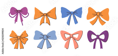 Textile ribbon bows accessories for clothes, hair. Vector isolated crafted handmade decoration for banners and posters. Silk or satin assortment of hairstyle knots, bows for festive mood