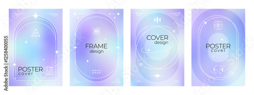Aesthetic blue y2k gradient posters or backgrounds with abstract shapes, minimalistic geometric and celestial elements, including orbits, stars and abstract frames, modern and elegant vector templates