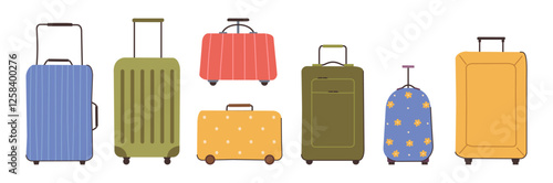 Bags and suitcases with plastic protective plank and zippers, handles and wheels. Vector isolated set of baggage with personal belonging for travelers and passengers. Trips and voyage journey
