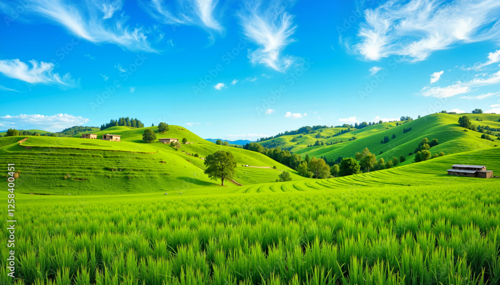 Obraz premium Vibrant green rice fields under a blue sky, picturesque landscape, rural tranquility