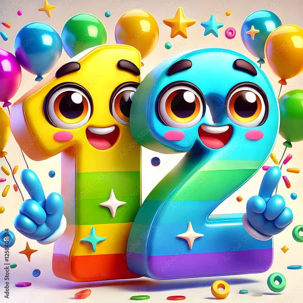Fototapeta premium Number twelve and one celebrating with balloons and pointing up