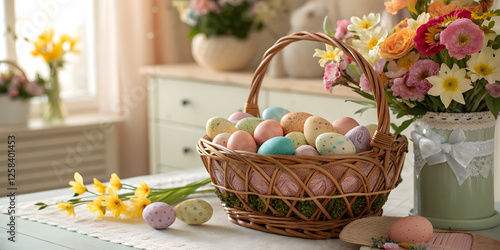 beautifully arranged basket filled with colorful easter eggs and flowers bouquet