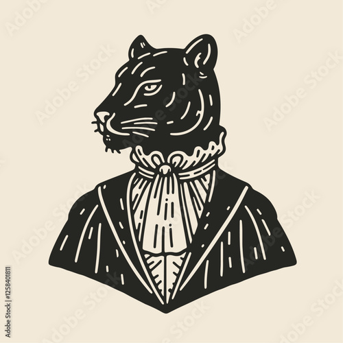 panther wearing medieval style, Victorian classy elegant clothes, vintage wild animal portrait sketch