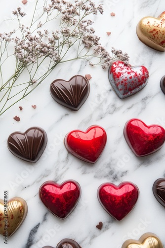 Red heart chocolate candies, assorted shapes, displayed on marble countertop