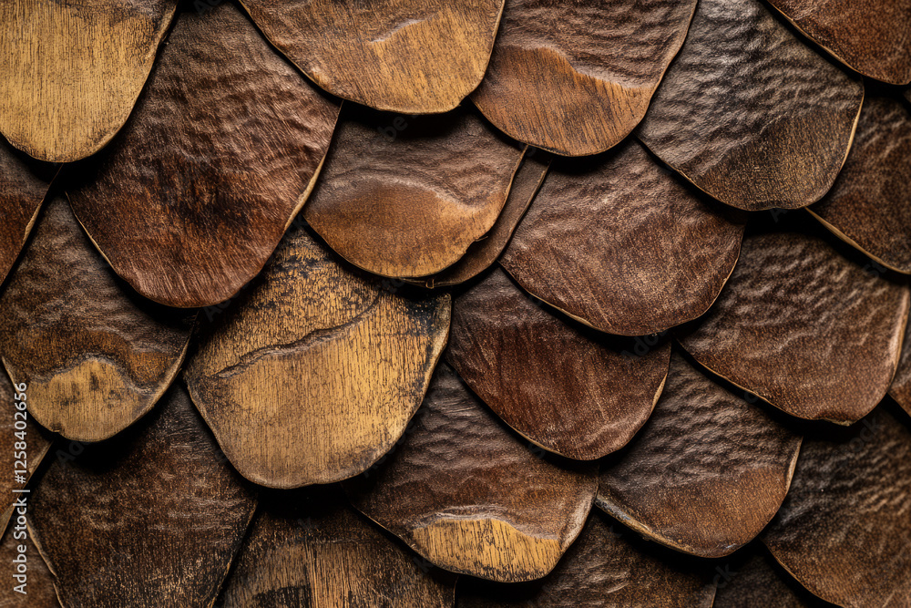 Macro shot of pinecone texture, overlapping woody scales in earthy brown tones.