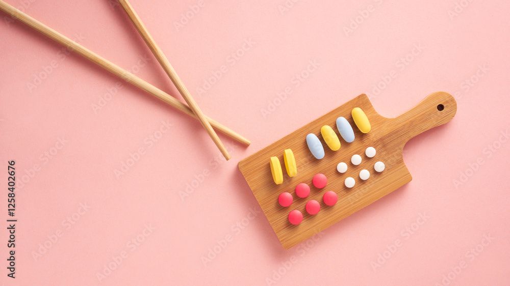 Prescription pills on wooden tray, assortad as sushi plate representing modern life supplement needs. Pink background, minimal design Prescription pills on wooden tray, assortad as sushi plate representing modern life supplement needs. Pink background, minimal design