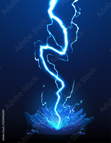Cartoon blue thunder bolt, lightning thunderbolt effect. Vector vibrant electric thunderstorm energy attack, magic power or shock hitting the ground with powerful intensity and electricity impact