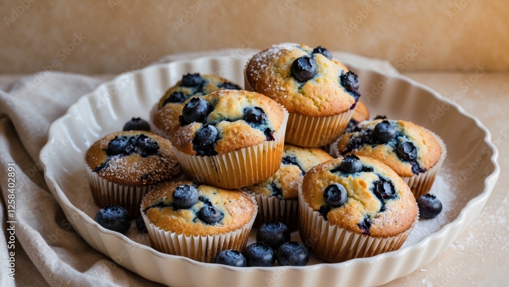 Blueberry muffins made at home on a plate. Blueberry muffins made at home on a plate.