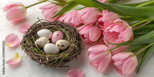 vibrant nest containing delicate easter eggs with tender pink tulips