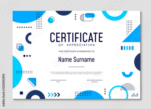 Diploma certificate template with geometric Memphis shapes. Vector appreciation, honor trophy frame with abstract figures, elements, vibrant blue colors, place for recipient name, date and signature