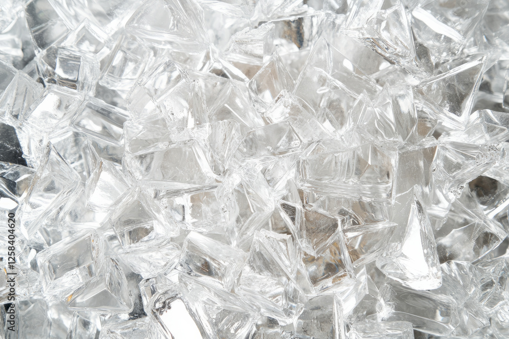 Macro shot of shattered ice texture, clear jagged shards forming a crystalline geometric surface.