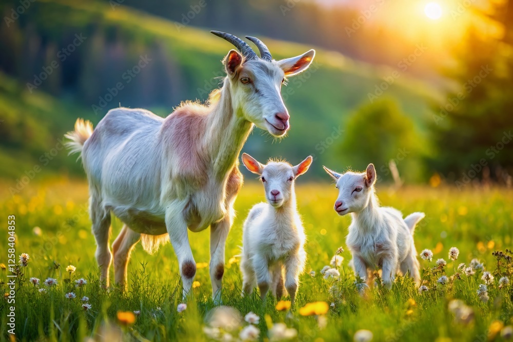 Adorable Goat and Two Lambs Grazing in Sunny Meadow - Perfect Spring Stock Photo Adorable Goat and Two Lambs Grazing in Sunny Meadow - Perfect Spring Stock Photo