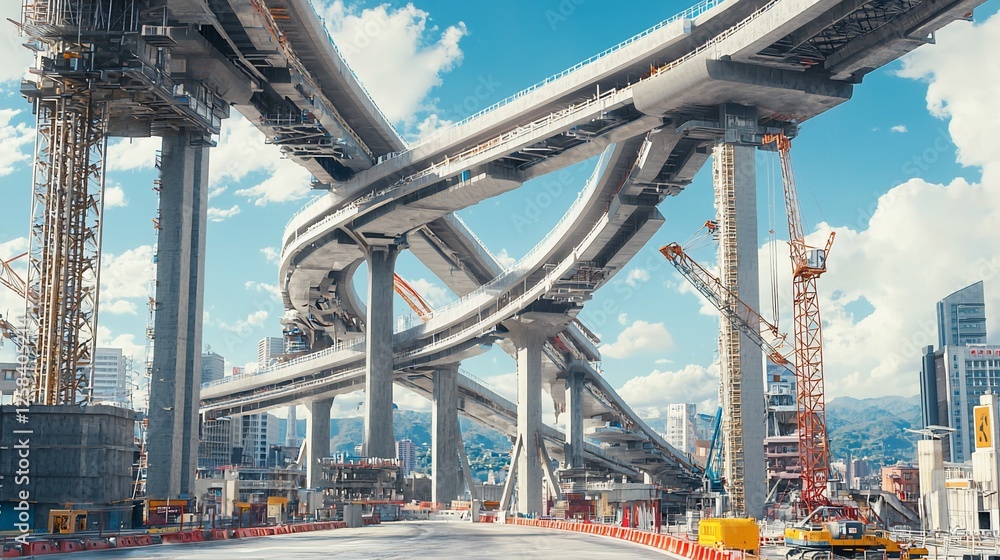 Fototapeta premium Complex highway interchange under construction, showcasing intricate network of roads, bridges, and cranes against a backdrop of city and mountains.