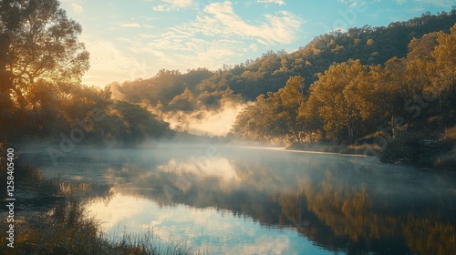 Misty sunrise over calm river reflecting golden trees and hills.