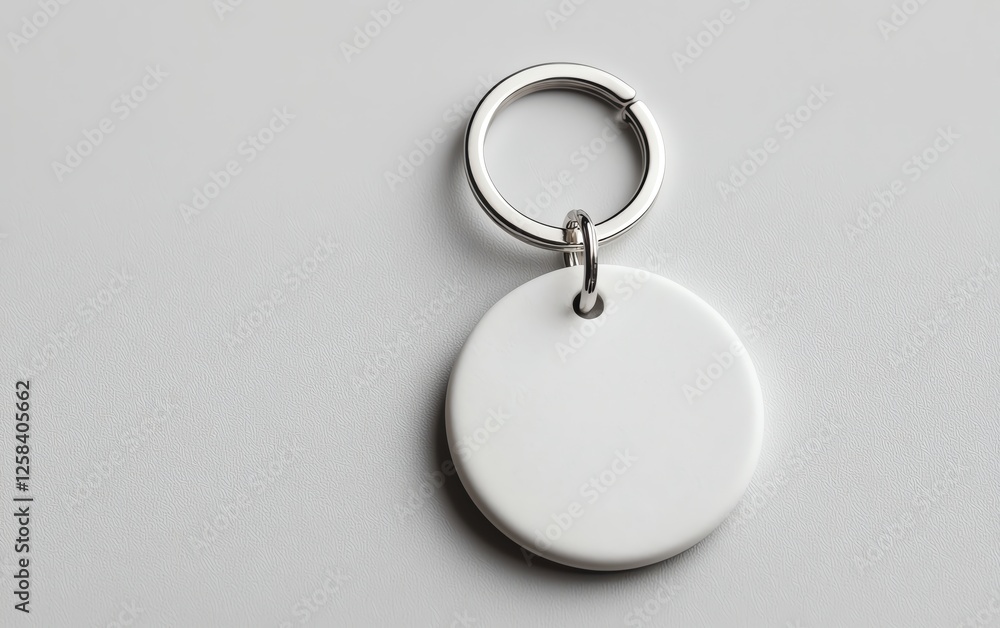 A minimalist white keychain with a round pendant on a neutral background. A minimalist white keychain with a round pendant on a neutral background.