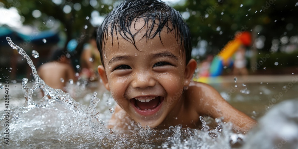 Obraz premium Young asian boy joyfully playing in splashing water at outdoor pool. Week of the Young Child