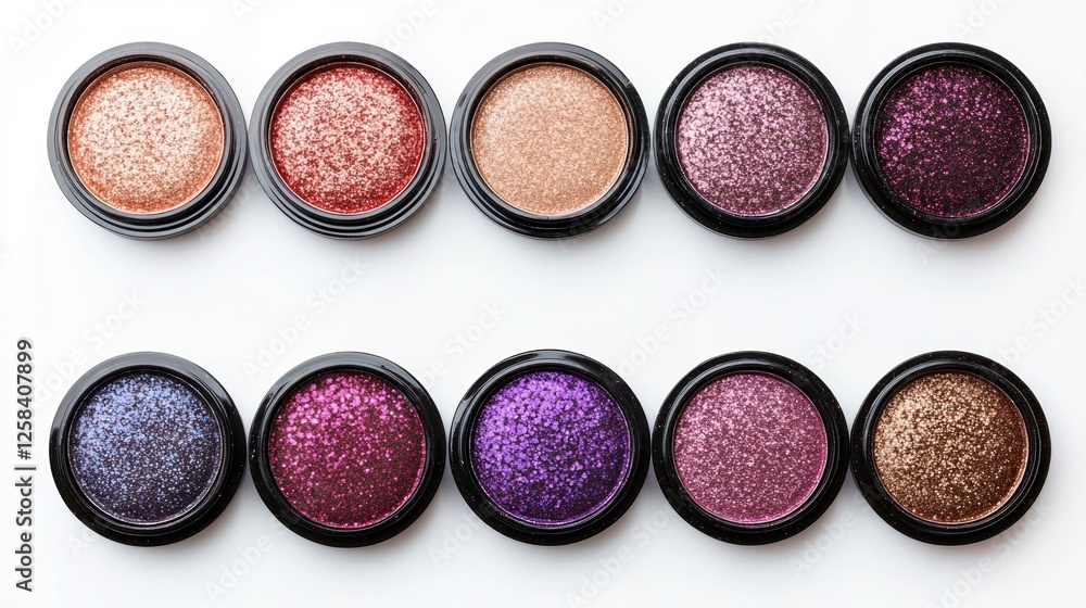 Ten eyeshadows in various colors and textures, arranged in two rows. Ten eyeshadows in various colors and textures, arranged in two rows.