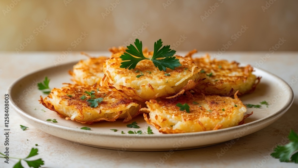 Golden crispy hash browns with parsley garnish. Golden crispy hash browns with parsley garnish.