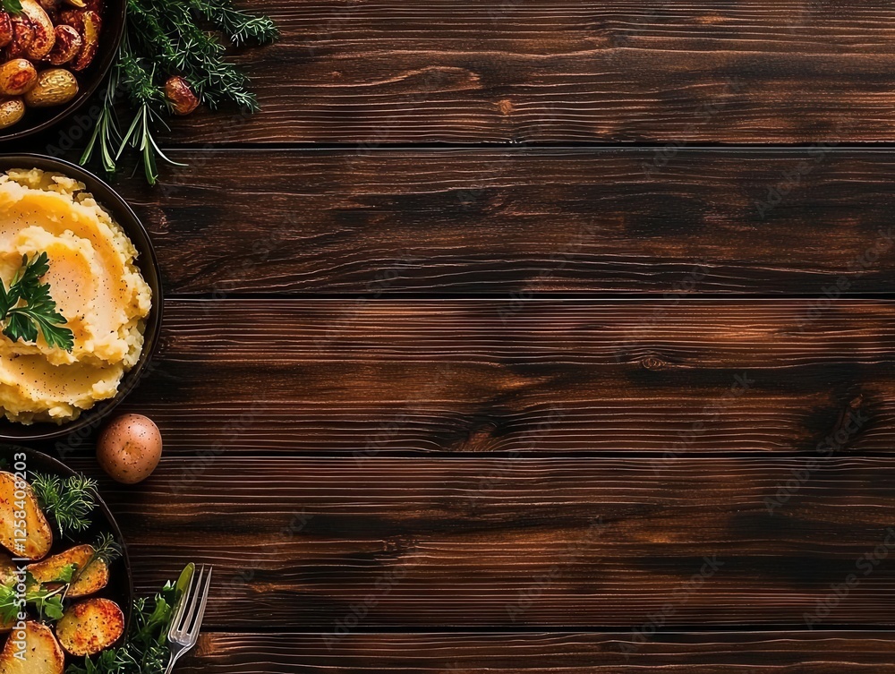 Delicious mashed potatoes and roasted vegetables rustic kitchen food wooden table top-down view culinary delight Delicious mashed potatoes and roasted vegetables rustic kitchen food wooden table top-down view culinary delight