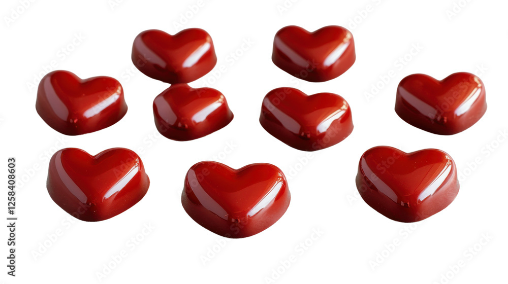 Red chocolate heart candies falling on transparent background Red chocolate heart candies falling on transparent background