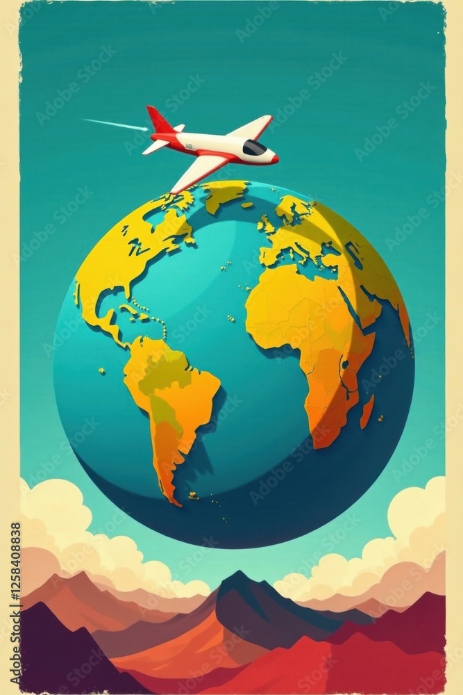 Naklejka premium Retro-style vector globe with a stylized plane taking off at the center, travel, planes