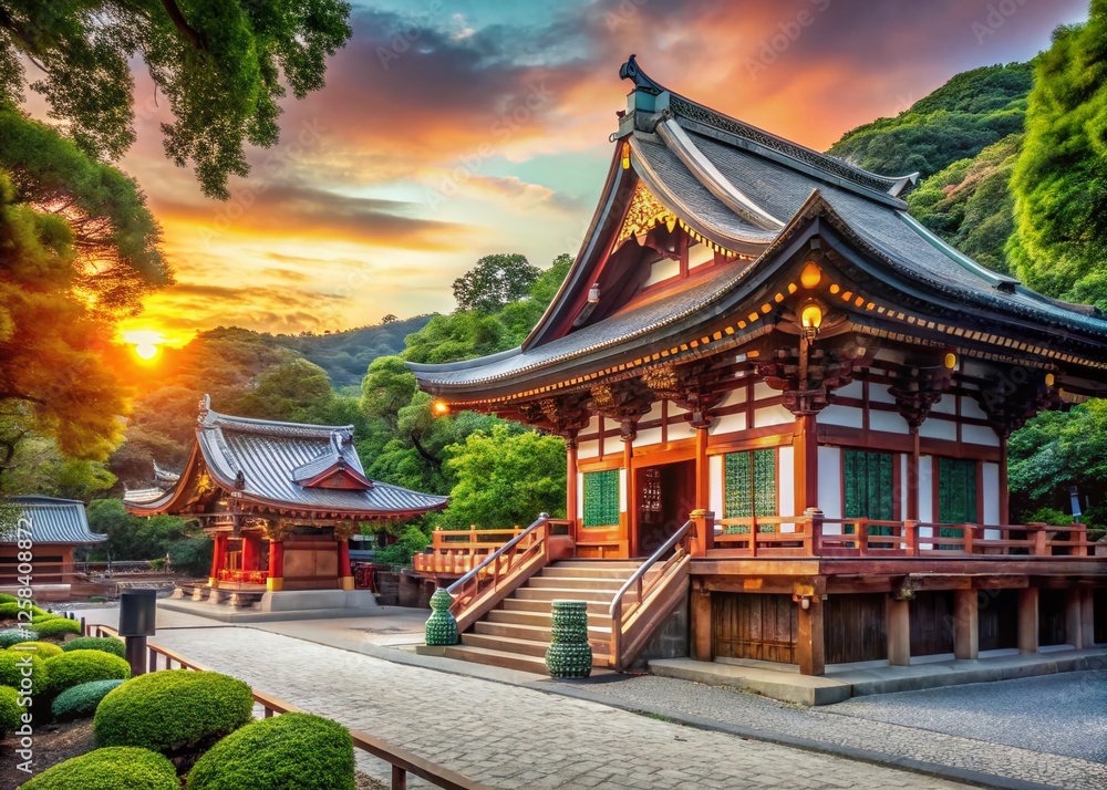Obraz premium Serene Kushida Shrine, Fukuoka: Deep Focus Photography of Ancient Japanese Architecture