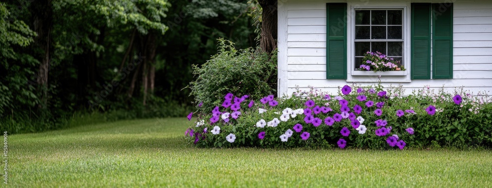 Fototapeta premium Front yard features vibrant pink flowers, neatly trimmed shrubs, and an American flag, showcasing a peaceful summer day in a suburb