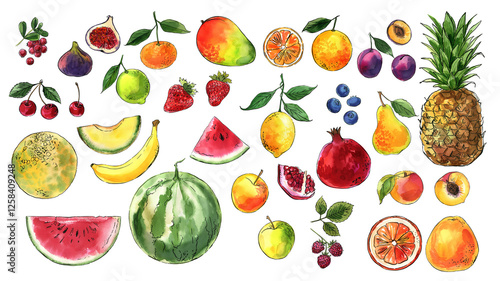 Fruits and berries in watercolor on a white background. Watercolor, ink. Farm products. Healthy eating.