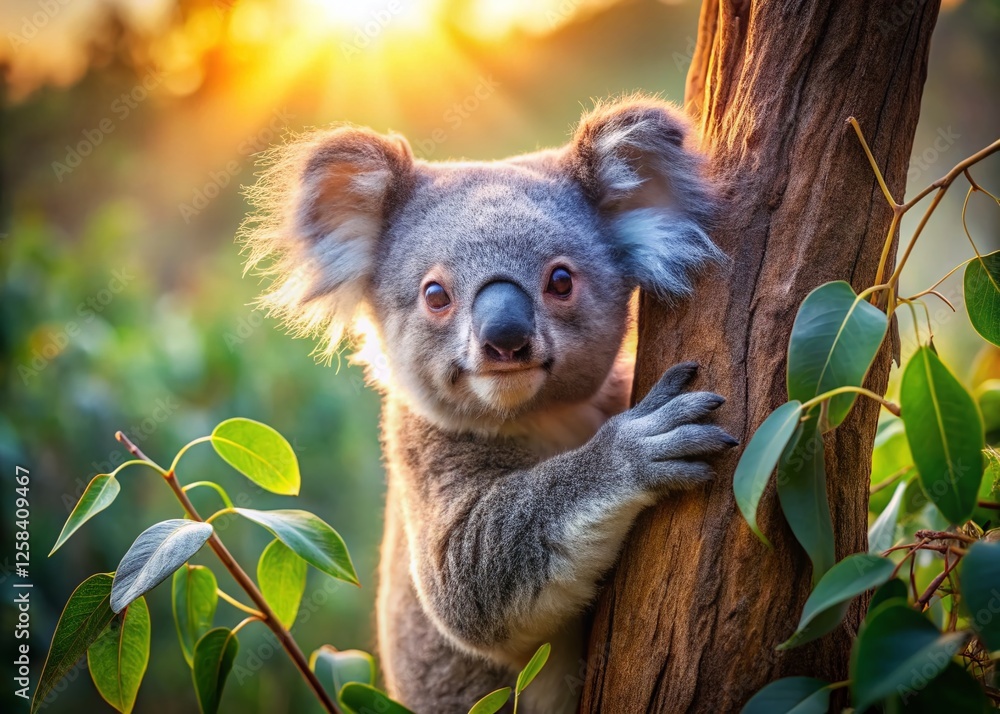 Fototapeta premium Adorable Koala Hugging Eucalyptus Tree Branch, Australian Wildlife in Natural Habitat