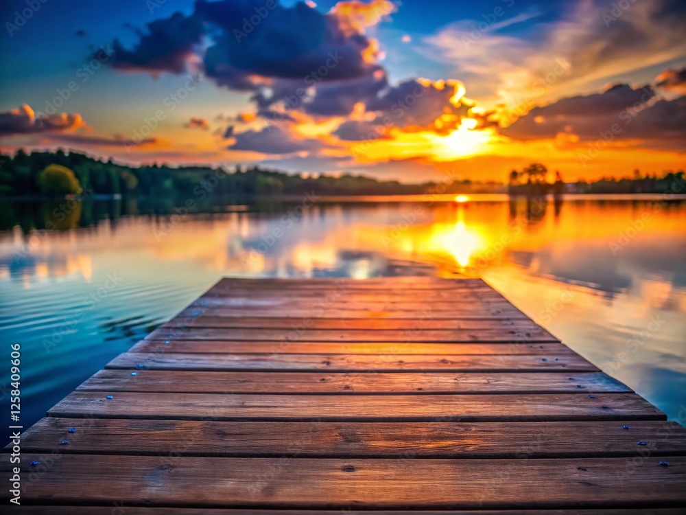 Obraz premium Serene Lakeside Wooden Dock at Sunset, Bokeh Background
