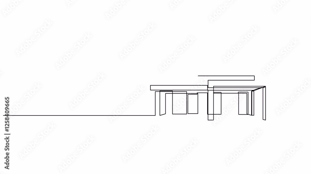 Self drawing animation of modern flat roof house drawn by continuous line. Animated minimalist commercial building black one line sketch. Self drawing animation of modern flat roof house drawn by continuous line. Animated minimalist commercial building black one line sketch.