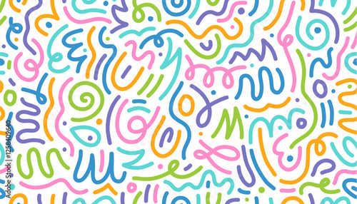 Color line squiggle shape seamless pattern. Vector abstract background filled with colorful swirls and loops in pink, blue, green, orange and purple, exudes playfulness, energy, and kids creativity