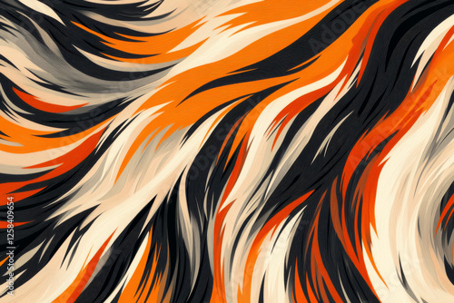 Patterned tiger fur texture, showcasing vibrant orange, deep black stripes, and subtle white undertones, appearing soft yet powerful. photo