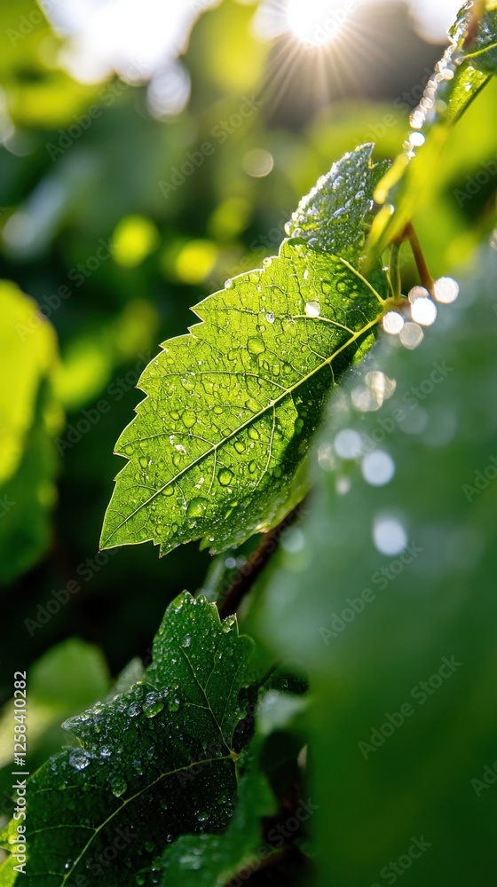 Dewy green leaf with morning sunlight and water droplets in natural setting Dewy green leaf with morning sunlight and water droplets in natural setting