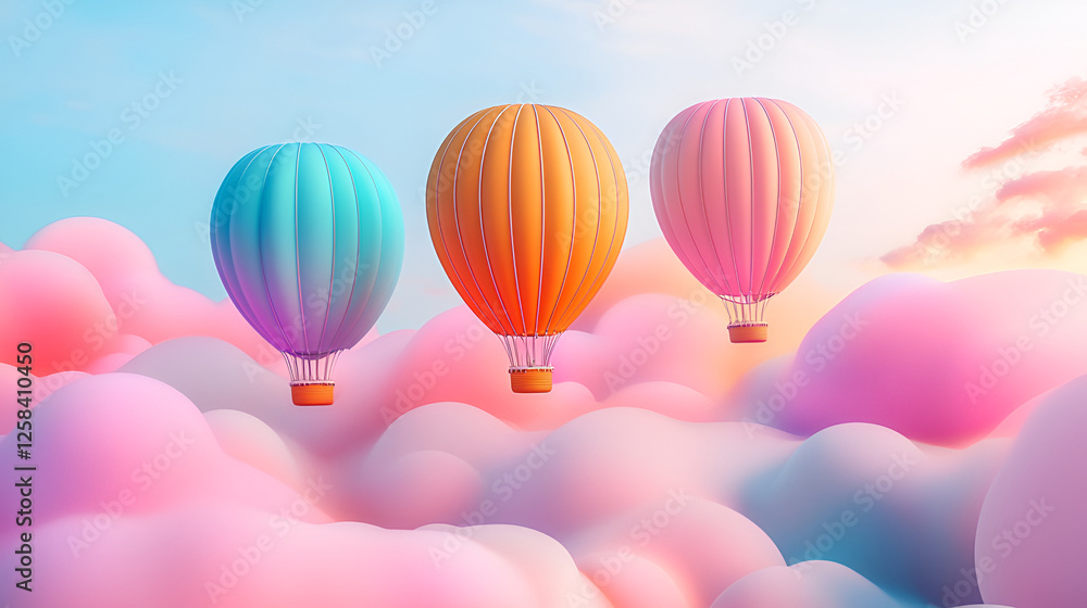 featuring three hot air balloons floating amidst a dreamy, pastel-colored cloudscape , The balloons are arranged in a horizontal line, each with a distinct color , the left balloon is a vibrant featuring three hot air balloons floating amidst a dreamy, pastel-colored cloudscape , The balloons are arranged in a horizontal line, each with a distinct color , the left balloon is a vibrant