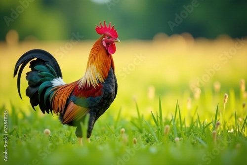 Rooster standing in a field of tall grass , bird, farm, nature