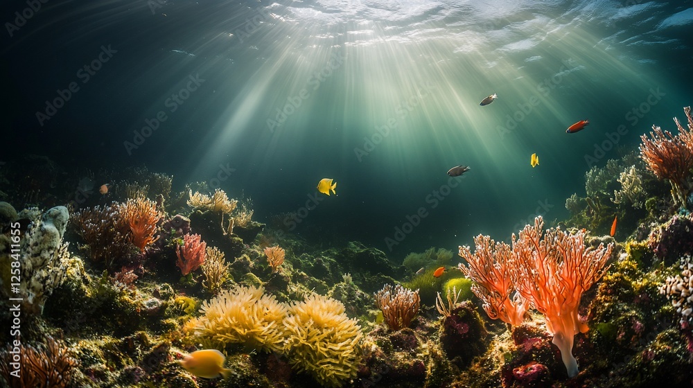 Fototapeta premium Sunbeams illuminate vibrant coral reef teeming with colorful fish.