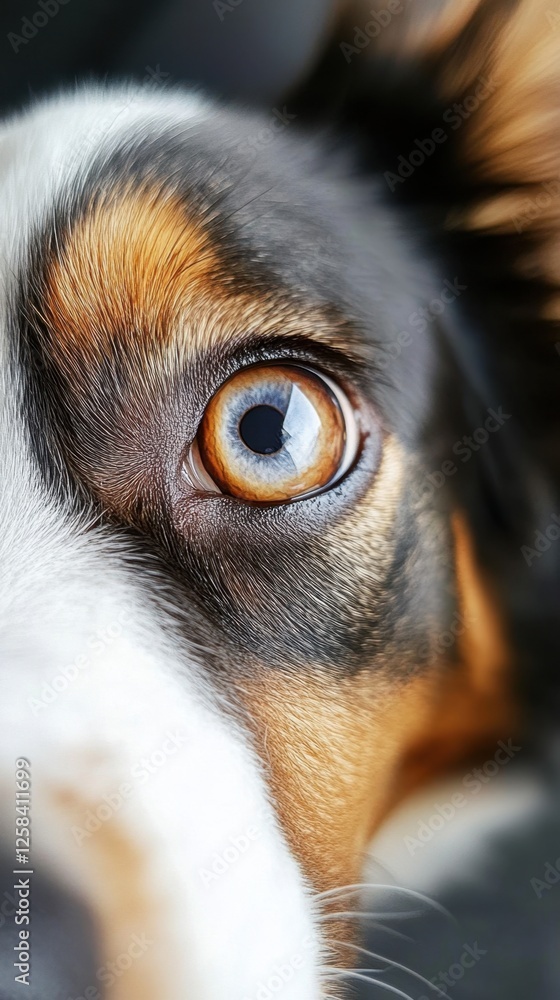 Close-up of a dog's eye with detailed multicolor fur. Prevention of Cruelty to Animals Month