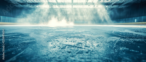 Professional ice hockey rink with dramatic lighting, fog, skate marks. Panoramic scene with winter sports arena for competition, championship. Sport background.Generative ai photo