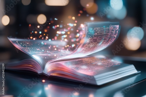 A high-tech futuristic holographic publication, where digital books and research papers float in mid-air