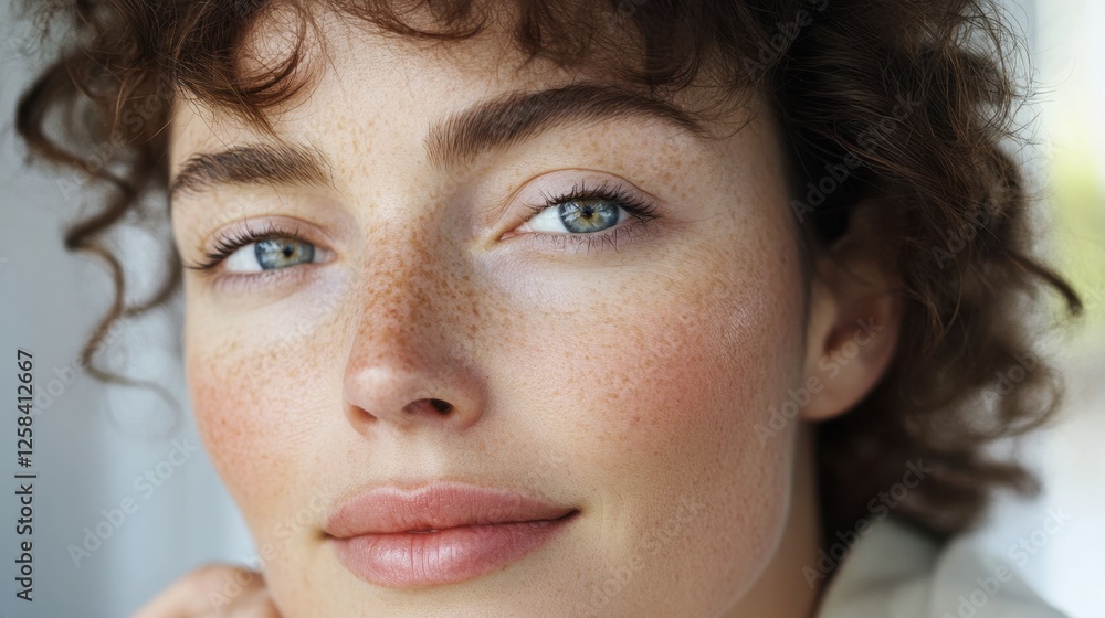 Fototapeta premium Close-up portrait of a young caucasian female with curly hair and freckles. Rosacea Awareness Month
