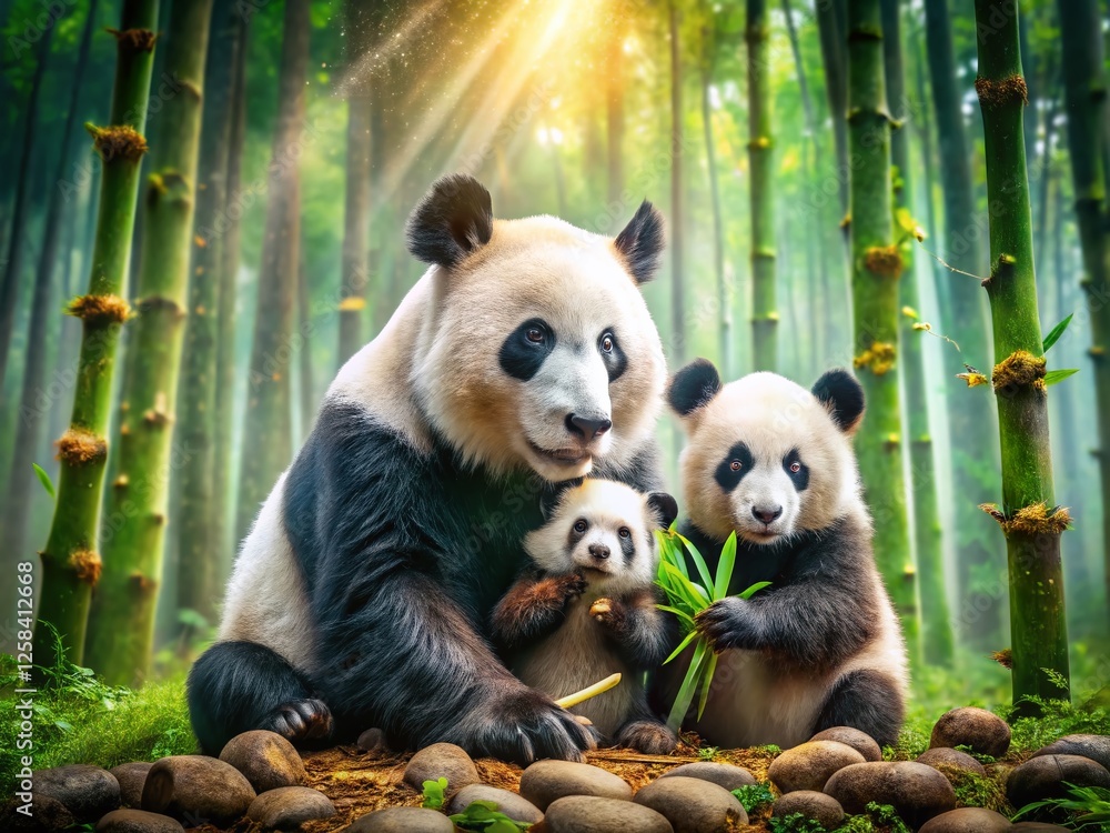 Obraz premium Adorable Panda Family Feeding on Bamboo in Lush Sanctuary - Conservation & Habitat Preservation