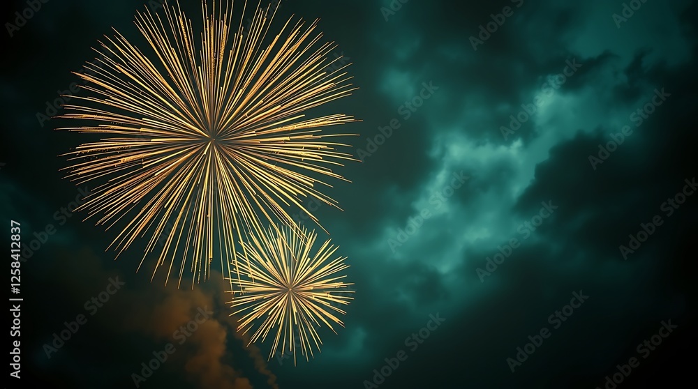 Fototapeta premium Vintage Gold and Green Fireworks Display with Elegant Sparkles