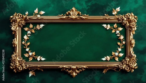 Ornate Gold Frame with Floral Accents on Emerald Green Background